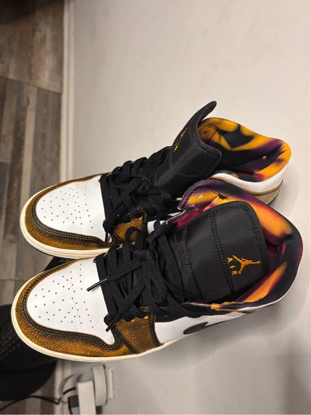 Jordan High-Top Sneakers in Black, White and Gold with Multicolor Liner